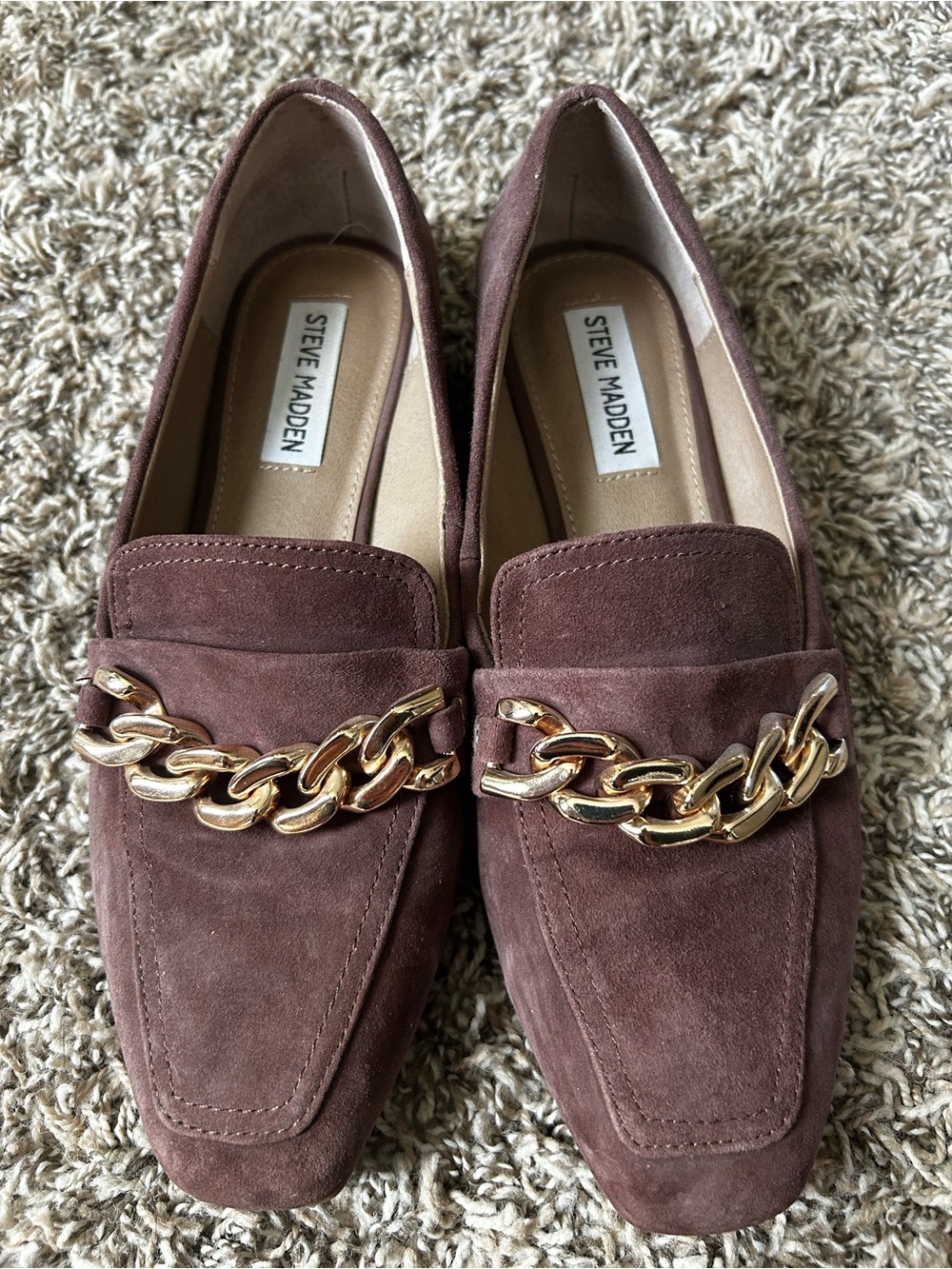 Steve Madden Brown Suede Loafers with Gold Chain Accent